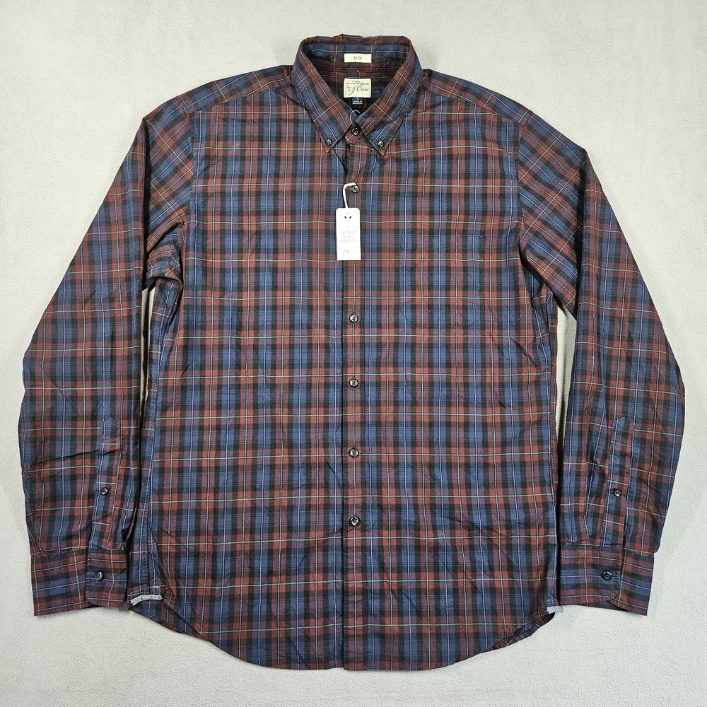 J. Crew Shirt Men Large Button Down Plaid Red Blue Slim 2 Ply Cotton Secret Wash - Picture 2 of 10